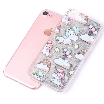 Funda con brillantina liquida unicornios